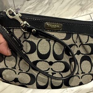 Coach Signature Jacquard Wristlet in Black and Tan